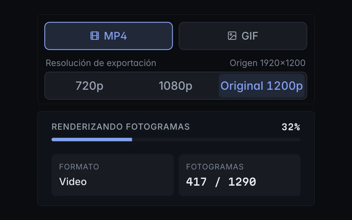 La ventana de export con MP4 en 1080p seleccionado.